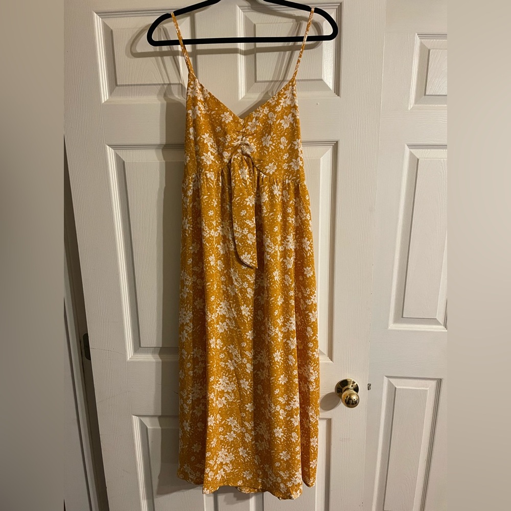 Mustard, white flower print, XL spaghetti strap dress.
